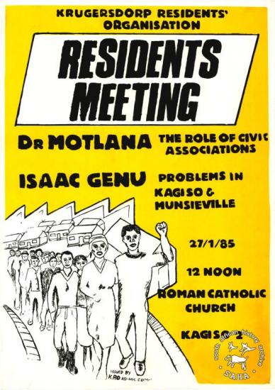 KRUGERSDORP RESIDENTS' ORGANISATION: RESIDENTS MEETING 	AL2446_0251 produced by the Krugersdorp Residents Organisation (KRO) Ad-Hoc Committee at the Screen Training Project (STP), Johannesburg. This poster relates to a Krugersdorp residents meeting that allowed locals to discuss civic issues. 