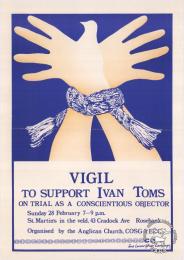 VIGIL TO SUPPORT IVAN TOMS : ON TRIAL AS A CONSCIENTIOUS OBJECTOR - AL2446_0360 - produced by the ECC in 1987, Johannesburg. This poster refers to a vigil to support Ivan Toms, who was on trial as a conscientious objector.