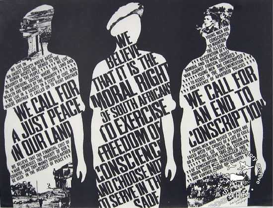 Offset litho poster in black and white with illustrations of three soldiers from newspaper cuttings was issued by the End Conscription Campaign (ECC) in 1986. SAHA archive AL2446_0318