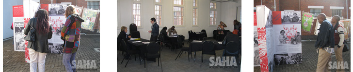 L-R teachers viewing the EITC display, workshops in action, museum staff viewing the display